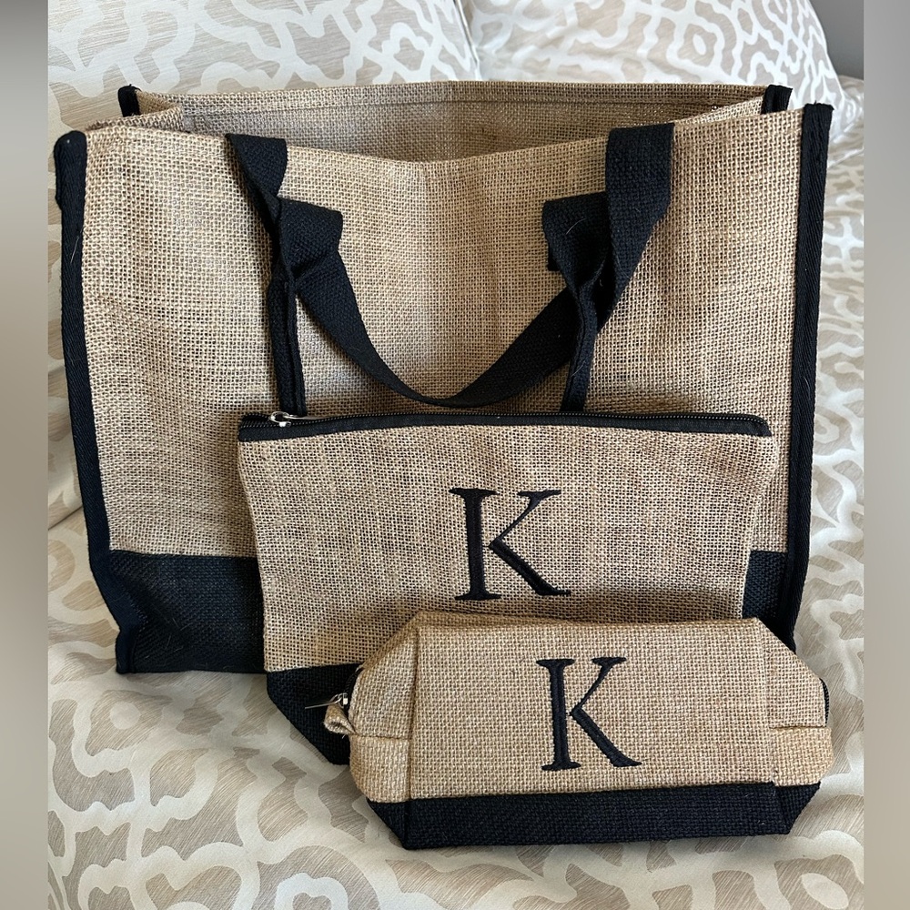 NEW Beige and Black Canvas Tote Bag Set with Initial K